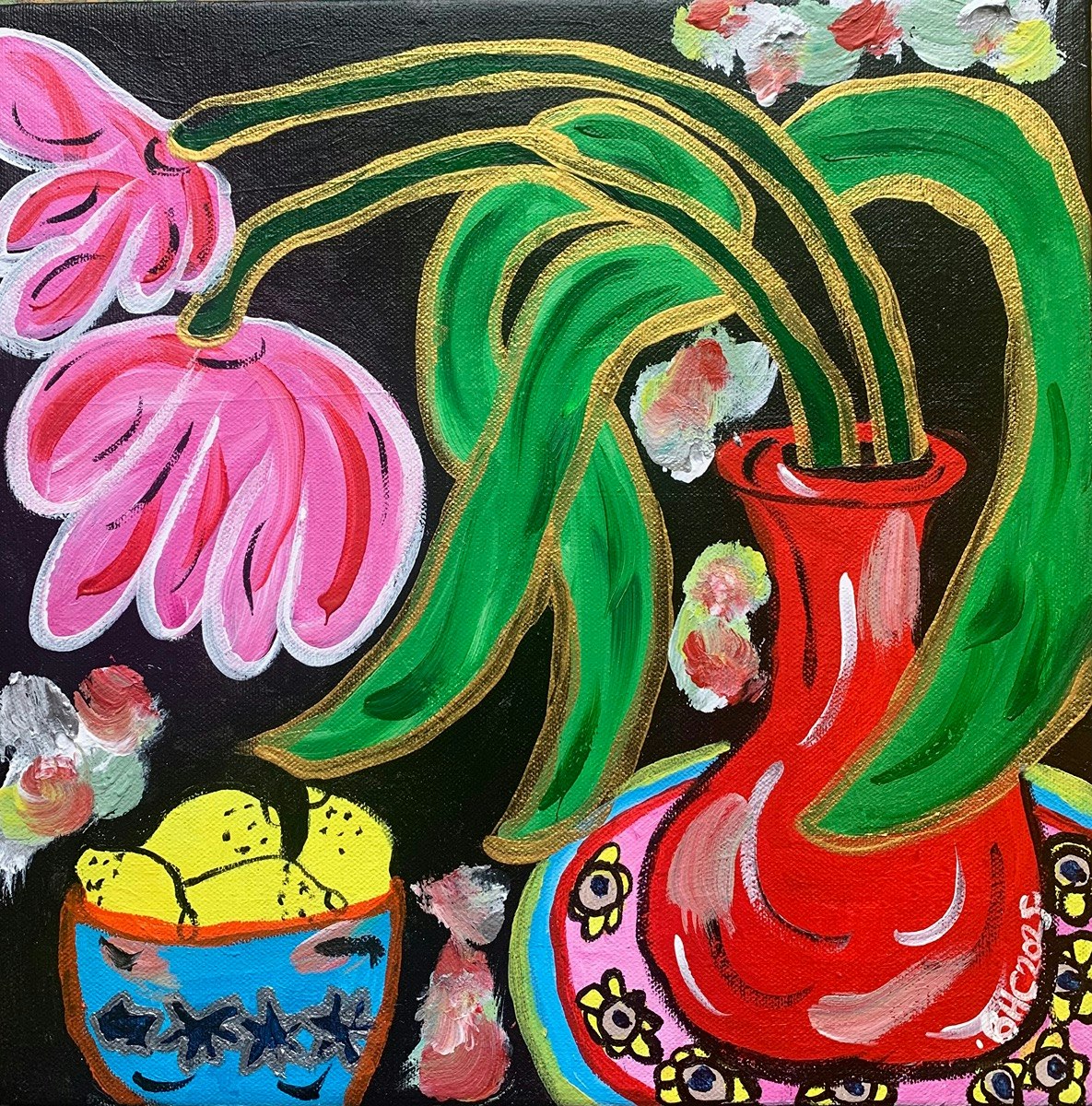 “Pink on Black “ Acrylic on Box Canvas 30.5cm sq / 12inch sq