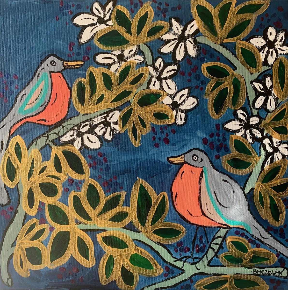 Two Robins - Acrylic on Box Canvas 40cm sq/15.7inch sq